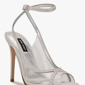 Nine West Silver Crystal T-Strap Clear Panel High Heel Sandal